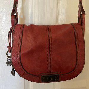 FOSSIL red leather satchel w/lock & key detail